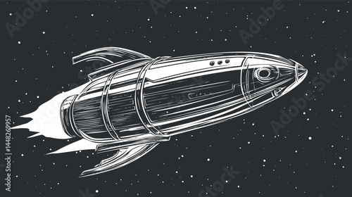 Black and white vintage illustration of a rocket ship flying through outer space among stars