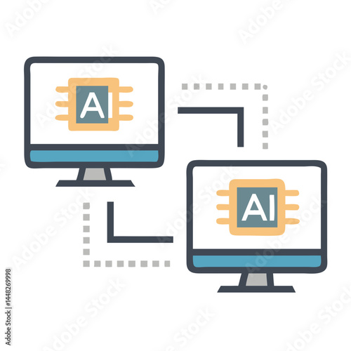 Dual Screens with AI Chip Icon Representing Synchronized Data Processing and AI Integration