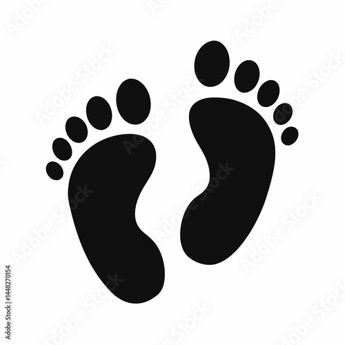 Black footprints, baby feet silhouette, minimalist design on white background
