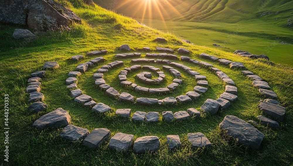 Spiral Pattern Of Stones On Grassy Hillside At Sunrise Spiral Pattern Of Stones On Grassy Hillside At Sunrise