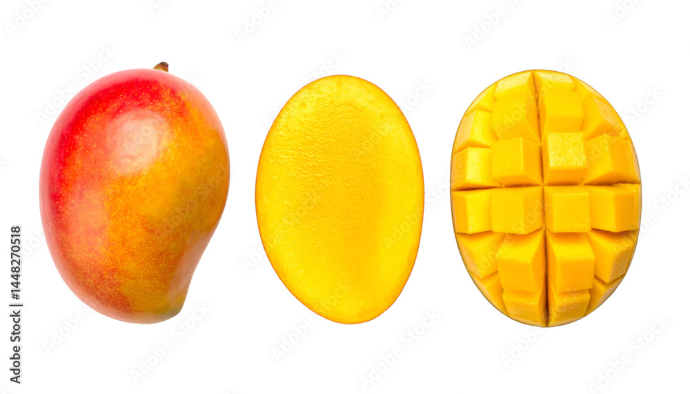 Fresh Mango Showing Whole Fruit, Half, and Sliced Mango on Transparent Background Fresh Mango Showing Whole Fruit, Half, and Sliced Mango on Transparent Background