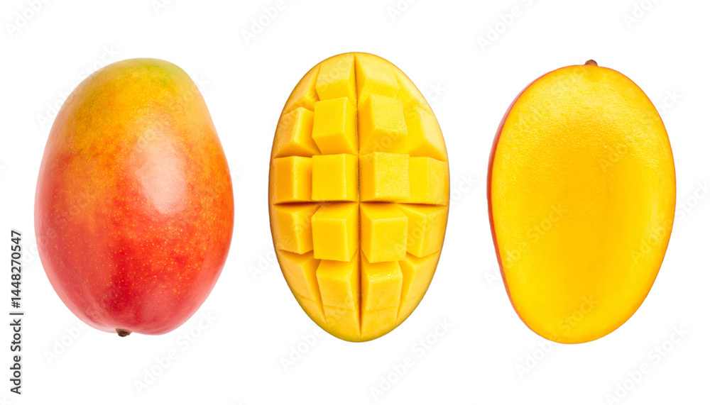 Ripe mango fruit isolated on transparent background, whole and cut lengthwise and crosswise Ripe mango fruit isolated on transparent background, whole and cut lengthwise and crosswise