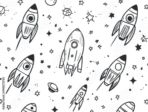 Seamless pattern of hand-drawn black and white rockets flying among stars in space