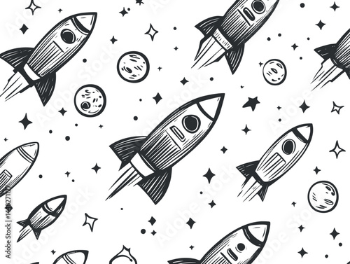 Seamless black and white pattern of hand-drawn rockets flying through space with moons and stars