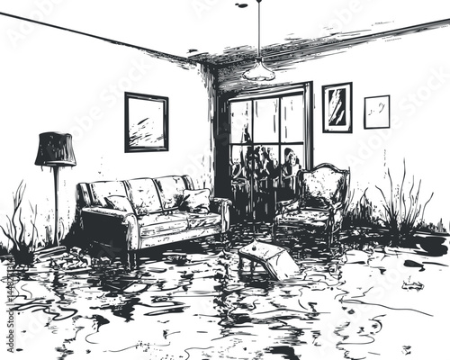 Black and white illustration of a flooded living room with furniture partially submerged in water showing indoor water damage and disaster