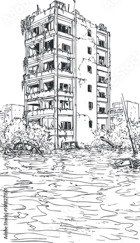 Black and white sketch of a multi-story building severely damaged and flooded during a disaster scenario