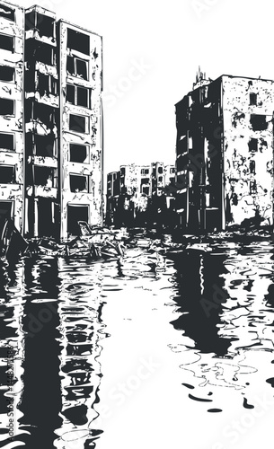 Black and white illustration of flooded buildings showing urban decay and destruction with water reflections.