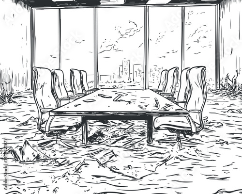 Conference room flooded with water showing chairs and table partially submerged in an office with city skyline view