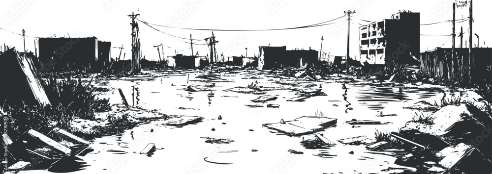 Black and white illustration of a desolate urban landscape with ruined buildings and scattered debris after destruction Black and white illustration of a desolate urban landscape with ruined buildings and scattered debris after destruction