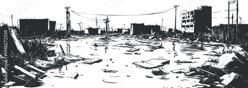 Black and white illustration of a desolate urban landscape with ruined buildings and scattered debris after destruction