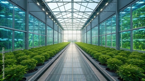 Modern greenhouse interior with glass walls and ceiling filled with lush green plants and vegetables growing in organized rows under natural sunlight