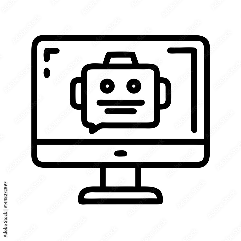 Monitor with Robot Face Representing AI Chatbot and Virtual Assistant Technology Monitor with Robot Face Representing AI Chatbot and Virtual Assistant Technology