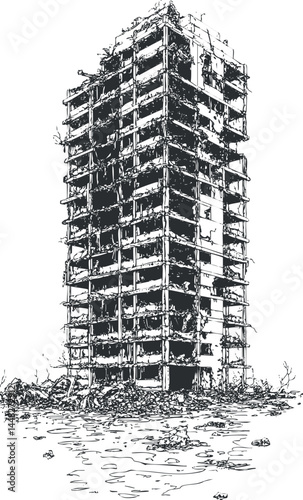 Black and white illustration of a destroyed tall building with visible structural damage and debris around