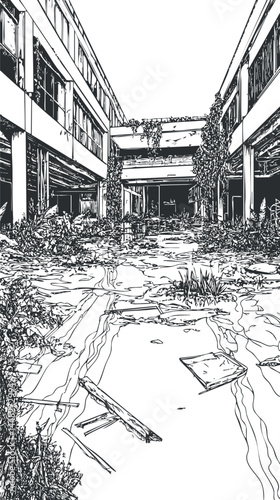 Black and white line drawing of an abandoned building interior overgrown with plants and vines, showing urban decay and neglect.