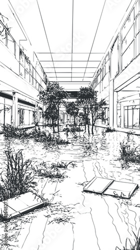 Flooded urban building interior with water, trees, and plants showing natural disaster and environmental damage