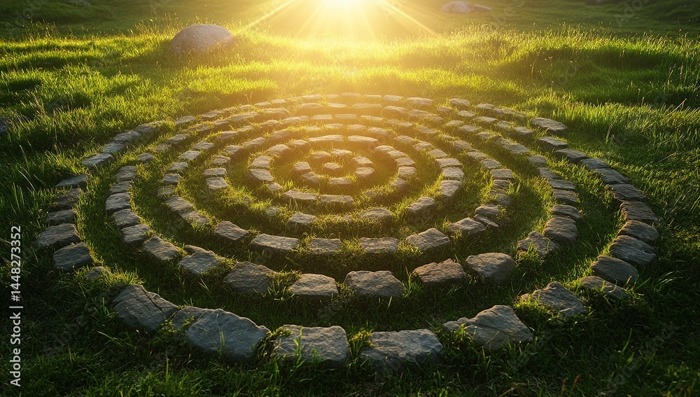 Spiral Stone Pathway In Grassy Field At Sunset Spiral Stone Pathway In Grassy Field At Sunset