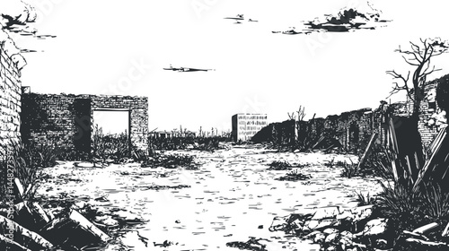 Black and white illustration of an abandoned and ruined urban landscape with broken walls and dry vegetation.