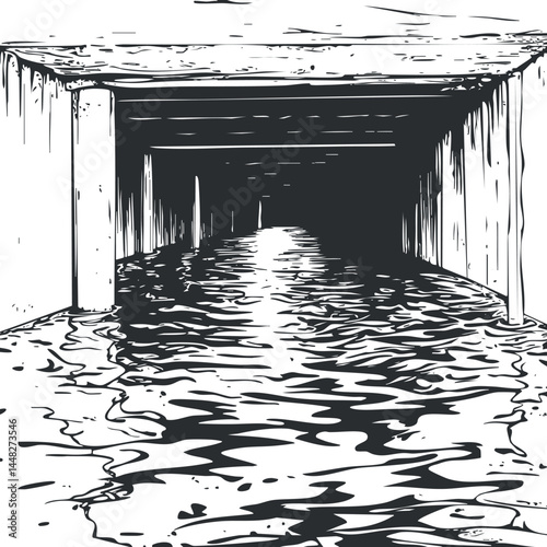 Black and white illustration of a flooded tunnel with water flowing through an underground drainage system.