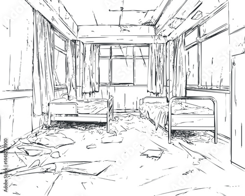 Black and white sketch of an abandoned dilapidated bedroom with two beds and broken windows