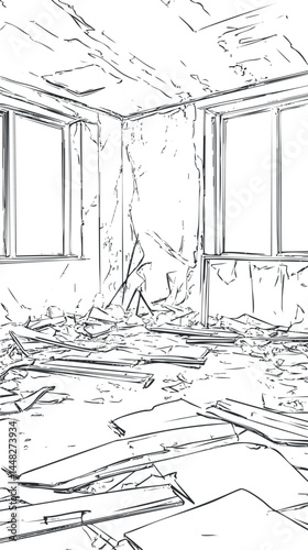 Sketch of an abandoned ruined room with broken windows and debris scattered on the floor