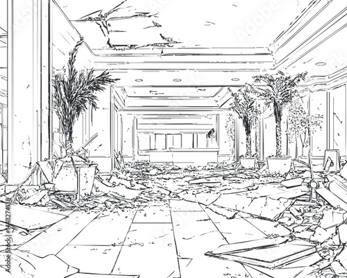 Interior view of a ruined and destroyed hallway with broken floor tiles and scattered debris