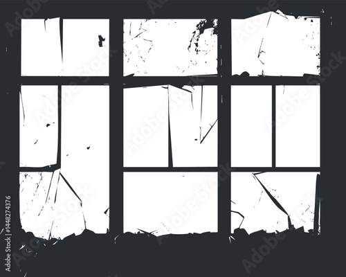 Broken window with cracked and shattered glass panes in dark background, showing damage and fragmentation.