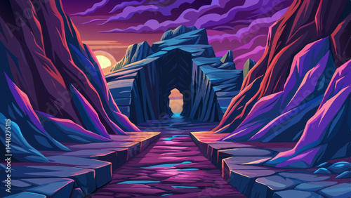 Winding path cutting through the base of a majestic natural rocky gorge, surrounded by steep cliffs and textured stone formations, perfect for use in travel brochures, outdoor adventure branding