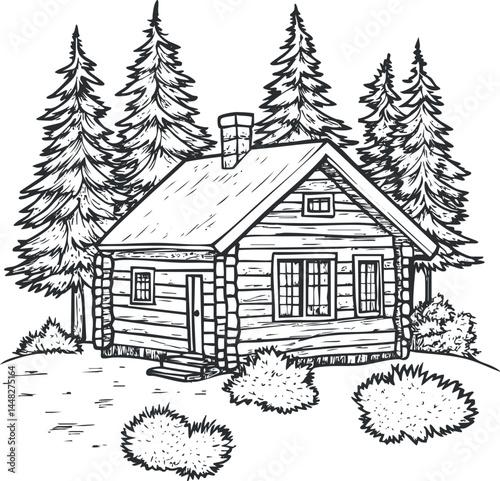 Black and white sketch of a wooden log cabin surrounded by tall pine trees and bushes in a forest setting