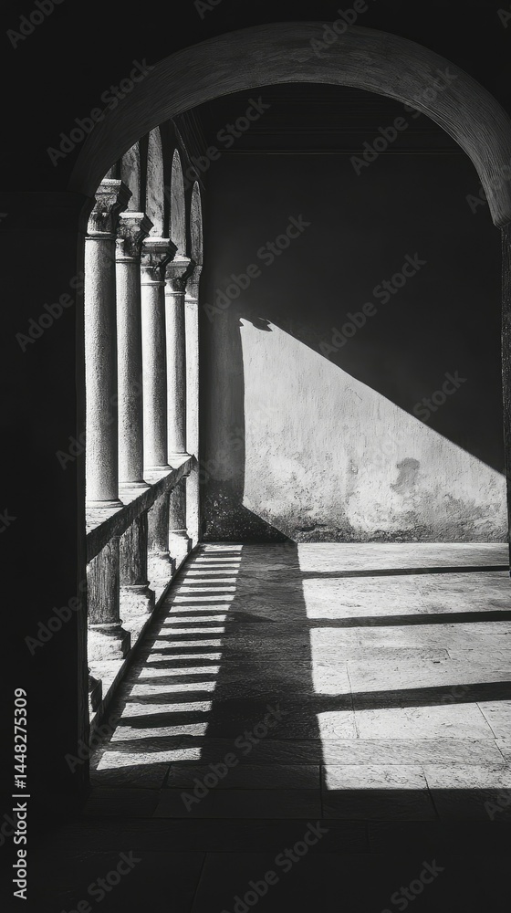 Fototapeta premium Intriguing archway, sunlight casts dramatic shadows on ancient hallway