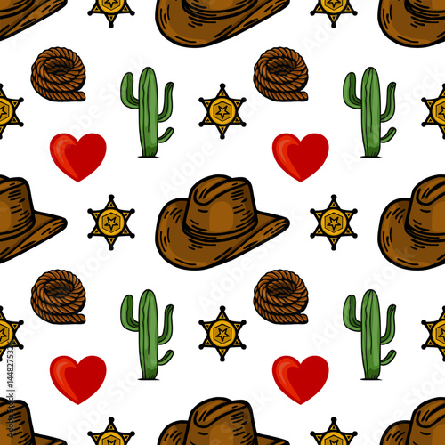 A playful vector pattern featuring cowboy hats, cacti, sheriff stars, hearts, and yarn balls on a white background. Ideal for western-themed designs or crafts.