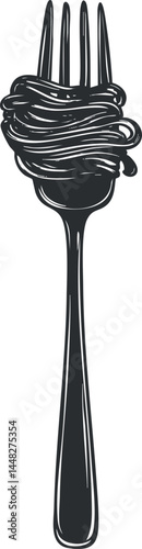 Black and white illustration of a fork with spaghetti noodles twirled around the tines isolated on white background.
