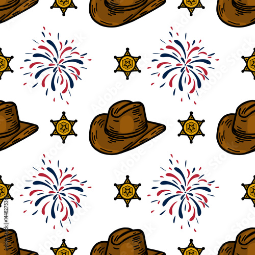 A seamless vector pattern featuring cowboy hats, sheriff badges, and colorful fireworks on a white background. The design combines elements of Western culture and festive celebration.