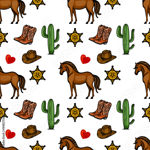 A playful vector pattern featuring horses, cowboy hats, sheriff badges, cacti, hearts, and cowboy boots. The design is colorful and evokes a Western theme, perfect for textiles or decor.