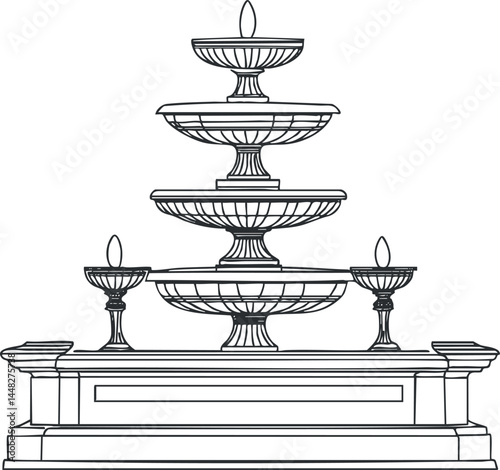 Black and white line art illustration of a classical tiered decorative fountain with three basins and ornamental design