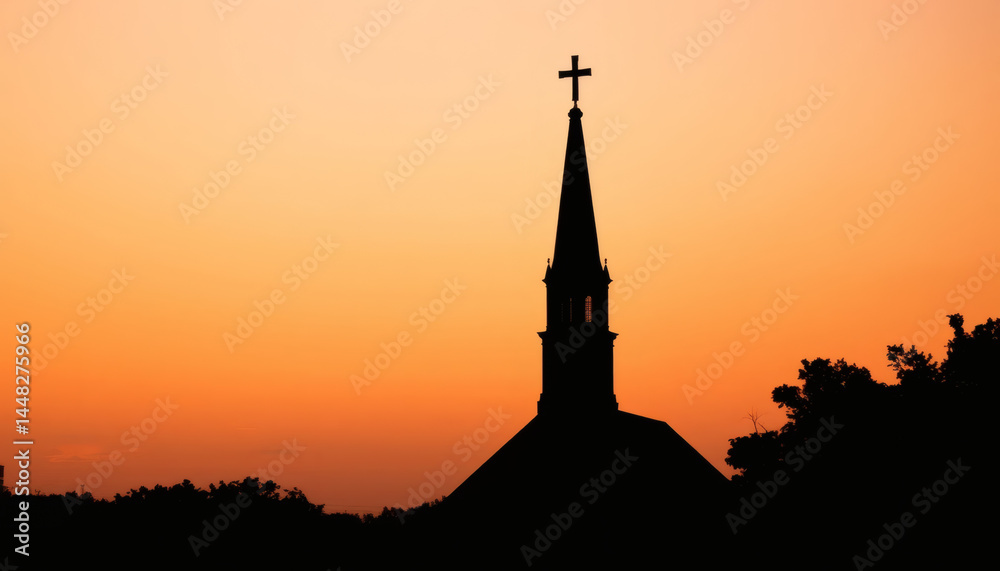 Obraz premium Church with Steeple and Cross, Silhouette Style on Sunrise Peach Gradient