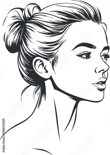 Black and white sketch of a young woman's side profile with hair in a bun, minimalistic and elegant style