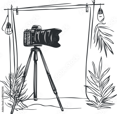 Black and white illustration of a camera on a tripod with studio lighting and backdrop for photography sessions