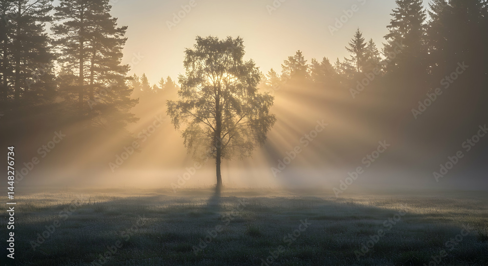 Fototapeta premium Golden Sunrise Through Foggy Forest Magical Sunlight Beams Nature Serenity Landscape Photography Scenic View Atmospheric