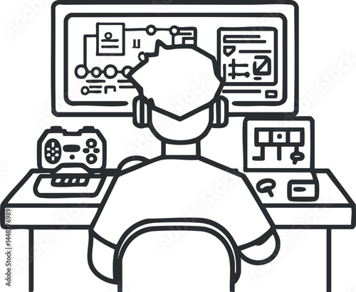 Illustration of a person wearing headphones sitting at a desk playing video games on multiple screens with a game controller nearby