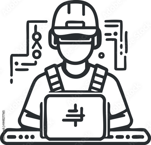 Line art illustration of an engineer or construction worker wearing a helmet working on a laptop with technical blueprints