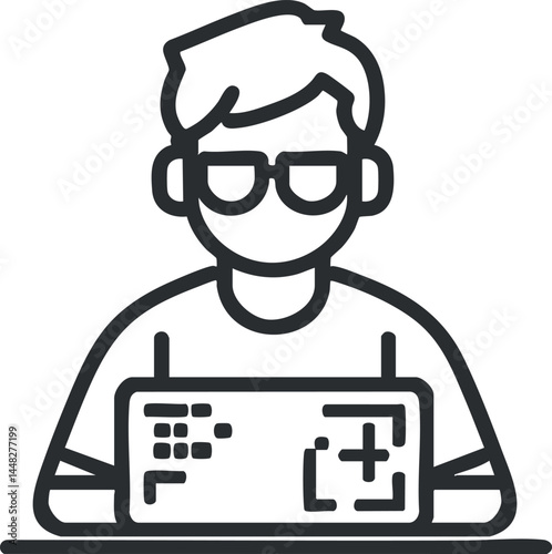 Line art illustration of a male programmer working on a laptop coding software or developing technology