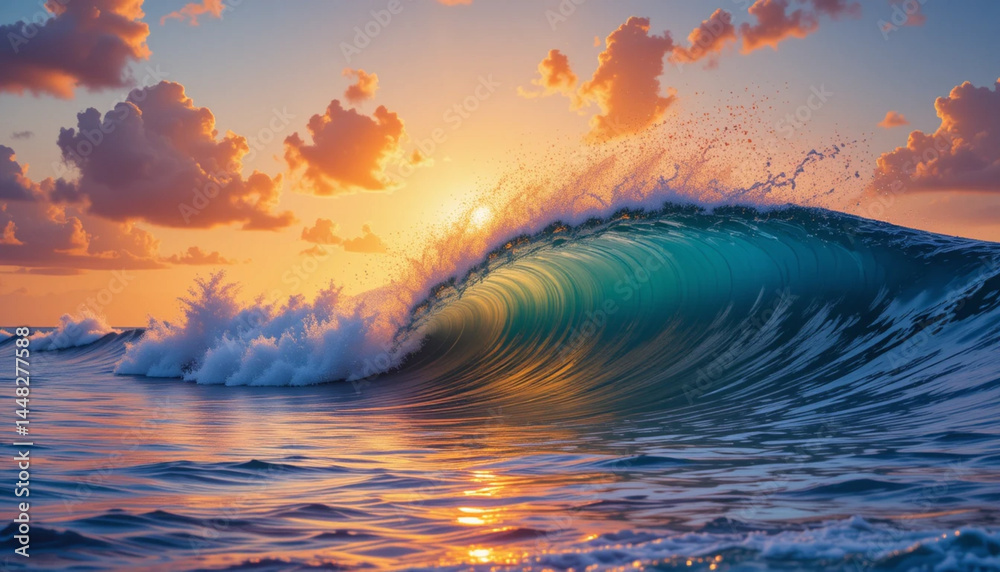 Fototapeta premium Colorful ocean wave forming a dramatic crest with vibrant sea water reflecting the golden sunset