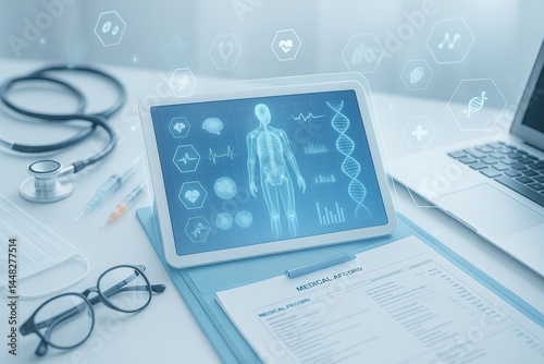 Medical Informatics: A high-angle shot presents a digital tableau of modern healthcare, where a tablet and a laptop seamlessly blend with traditional medical tools.