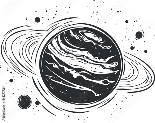 Black and white illustration of a planet with rings and surrounding smaller celestial bodies in space