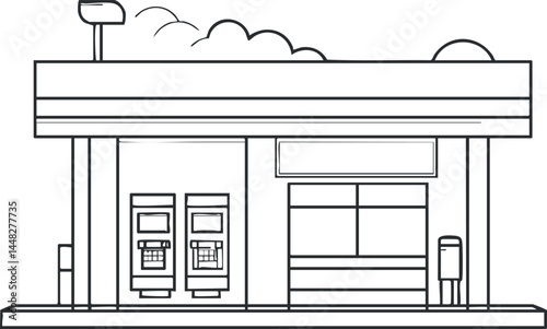 Black and white outline illustration of a gas station with fuel pumps and a building facade under a cloudy sky