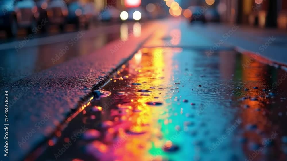 Urban reflections vibrant city lights mirroring in rainy street pavement scene