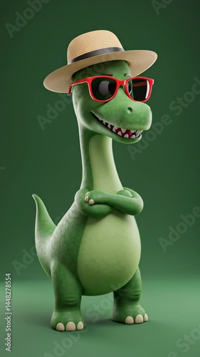 Standing Cartoon Dinosaur Character Wearing Hat and Sunglasses