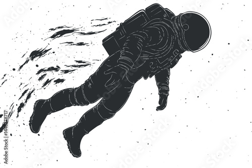 Black and white illustration of an astronaut floating in outer space wearing a spacesuit and helmet