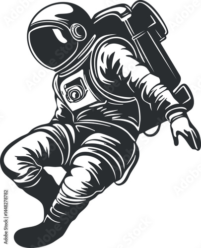 Black and white illustration of an astronaut floating in space wearing a spacesuit and helmet