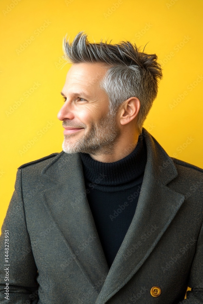 Classy men's high fade haircut - midlife white man with hair. Concept pattern layout of style for aging men. Yellow solid background. A studio glamour portrait of a confident man.
